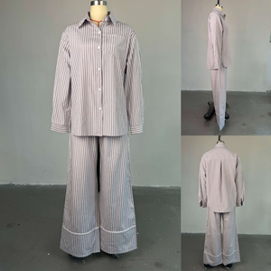 Conjunto de Duas Peças de Verão Elegante Hk7246: Camisa Listrada Solta de Gola Dobrável e Calças de Perna Larga para Mulheres - Product Image 5