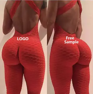 Oem Vrouwen Hoge Taille Anti Cellulitis Onderkant Push Up Yoga Jumpsuits Ademende Workout Bodysuit Open Rug Cross Sexy Sport Romper