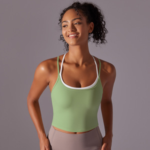 Wholesale Women's Contrast Trim <b>Cross</b> Strap Yoga Tank <b>Top</b> Layered Look Workout Crop <b>Top</b> with Built-in Bra Slim Fit Activewear - Product Image 6