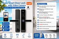 Serrure de porte intelligente Tuya avec caméra vidéo, empreinte digitale, mot de passe, carte, déverrouillage par application, serrure de porte électronique à mortaise 6068