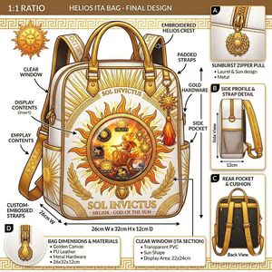 Sac à dos Ita Bag personnalisé unique <span class=keywords><strong>pour</strong></span> cosplay d'anime Helios Sol Invictus, en <span class=keywords><strong>toile</strong></span> dorée et cuir PU, avec <span class=keywords><strong>fenêtre</strong></span> transparente <span class=keywords><strong>pour</strong></span> épingles - Product Image 1
