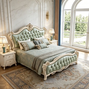 Lit classique européen en bois massif sculpté, avec cadre rembourré en cuir, taille King Size, ensemble de meubles de chambre de luxe pour villa, hôtel, maison - Product Image 4