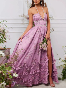 Abito lungo estivo 2026 vintage da <span class=keywords><strong>donna</strong></span> con stampa, scollo all'americana, senza schienale, in chiffon, con orlo svasato e vita impero - Product Image 2