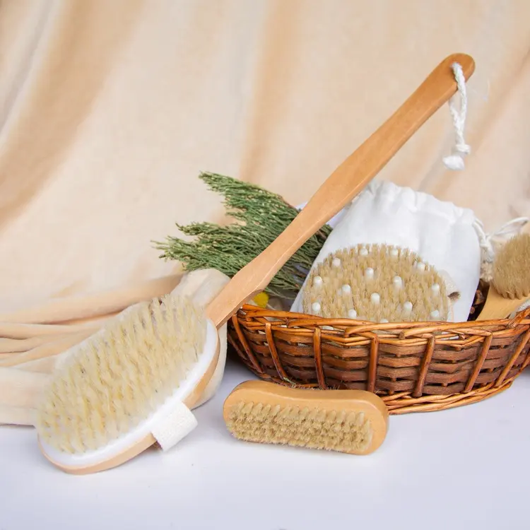 Kingroway — brosses pour corps de douche naturelles Oem, 4 pièces, pinceaux pour le bain en bois, coffret cadeau avec brosse faciale ronde et longue manche et nettoyant pour les ongles