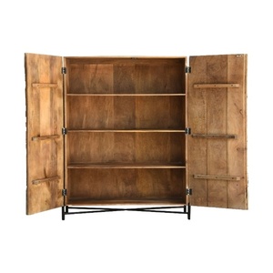 Hand-Carved Wooden <b>Wardrobe</b> Almirah with Peacock Design | Solid Wood 2-Door <b>Storage</b> Cabinet with Metal Base - Product Image 3