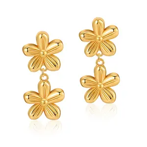 Cute s925 silver needle hypoallergenic earrings double flowers 18k gold plated jewelry waterproof earrings brass high quality