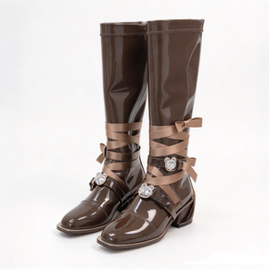 Bottes hautes en cuir verni pour femmes, à bout pointu, avec strass, talons, décorations de perles, bottines de soirée, chaussures habillées - Product Image 3