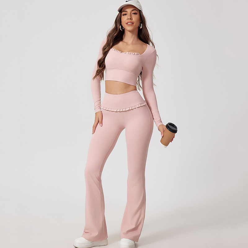 Wholesale Women's Reversible Solid Sport 2-Piece Set Long Sleeve Top Flared Leg Pants Gym Fitness Running Yoga Clothing