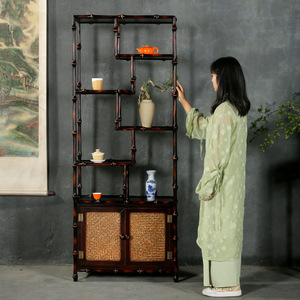 Chinese Retro Style Bamboo Display Shelf Ming Style Antique Tea Set Rack Solid Wood Cabinet - Product Image 2