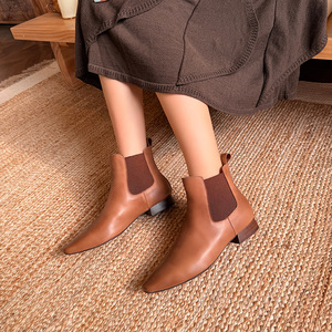 3119-08 Nouvelles bottes en cuir véritable pour femmes, automne/hiver, à talon bas, bout pointu, avec petit talon épais - Product Image 6