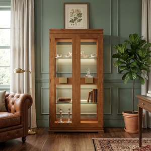 Vitrine traditionnelle en bois massif avec finition naturelle, deux portes vitrées, pour salon, meubles de maison - Product Image 3