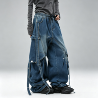 SOONREE Jean cargo clouté personnalisé pour homme, noir, coupe ample, en denim, multi-panneaux, à rabats effilochés, style punk streetwear