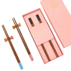 Metal Tipped Engraved Chicken <b>Wing</b> Wood Chopsticks Set Two Pairs In Gift Box Durable Business Gift Solid Color Mahogany - Product Image 3