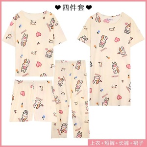 Đồ ngủ nữ bán buôn 4 món: áo ngắn tay, váy, quần đùi và quần dài, họa tiết hoạt hình, mặc nhà, mùa hè, size lớn - Product Image 3