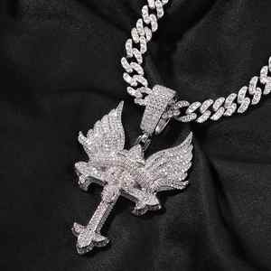 VOAINO liontin salib sayap malaikat, rantai Kuba pasangan Semua cocok berlian Hip Hop bentuk salib kreatif Niche - Product Image 3