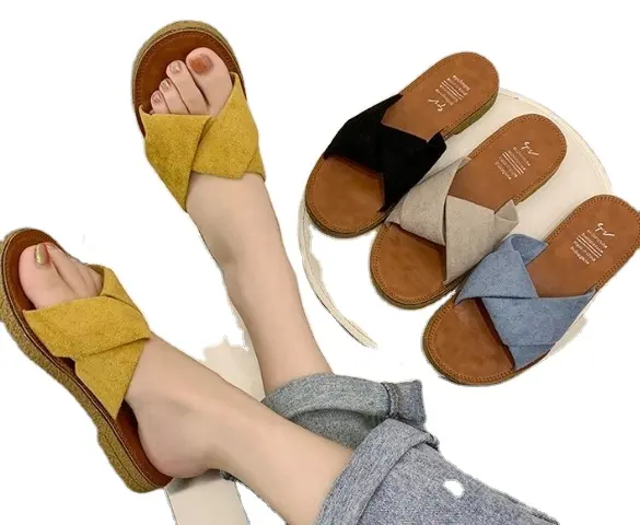 Flip-flops Suede flat cross slippers for Women's shoes Beef tendon soft sole f summer beach casual shoes non-slide slippers