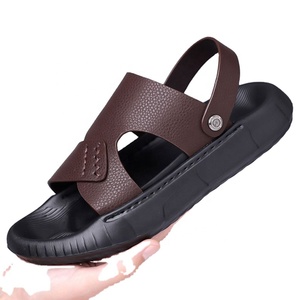 Sandales d'été décontractées pour hommes en cuir véritable à imprimé léopard, à enfiler, à bout ouvert, antidérapantes, avec semelle en caoutchouc confortable - Product Image 1
