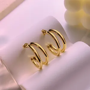 C Shape Double Layers Round Earrings 14K PVD Gold Plated 316L Stainless Steel Hoop Earrings For Women