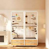Cage à perroquets de luxe grande et haute pour ara, cage panoramique à double porte vitrée, cage à oiseaux d'intérieur en acier au carbone robuste avec éclairage LED