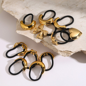 G3121 Acero inoxidable Chunky Heart Bow Brillante en forma de U Elástico Negro Cordón de goma Banda Scrunchies Gold Hair Ties para niñas - Product Image 2