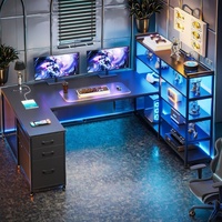 Bureau de jeu en forme de L noir avec éclairage LED 7 couleurs, prise de courant, étagères de rangement, tiroirs en tissu pour la maison, le bureau et les jeux