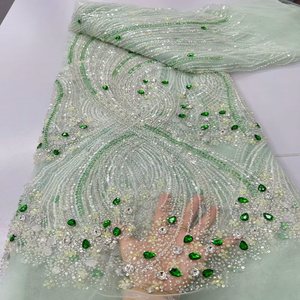 Tissu de robe de cérémonie haut de gamme, tissu brodé de sequins haute densité pour robe de mariée, tissu brodé de perles multicolores. - Product Image 6