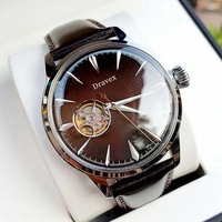 Montre de ville élégante pour homme, bracelet en cuir, mouvement automatique apparent, cadran à aiguilles, verre saphir, couleur café, pour usage quotidien