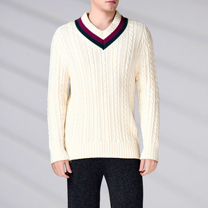 Suéter de punto trenzado con cuello en V para hombre, personalizado, de algodón GOTS, grueso, para invierno, manga regular, color sólido. - Product Image 2