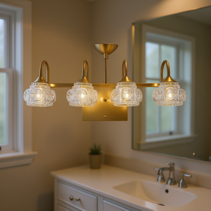 Lámpara de Baño Moderna de Cristal con 4 Luces, Aplique de Pared Dorado con Pantalla de Cristal Transparente, LED Blanco Cálido Regulable, Lámpara para Espejo - Product Image 2