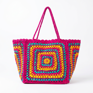Bolso de mujer bohemio de rafia tejido a crochet con patrón geométrico, bolso de compras de verano con dos asas, cierre abierto, rosa multicolor - Product Image 1