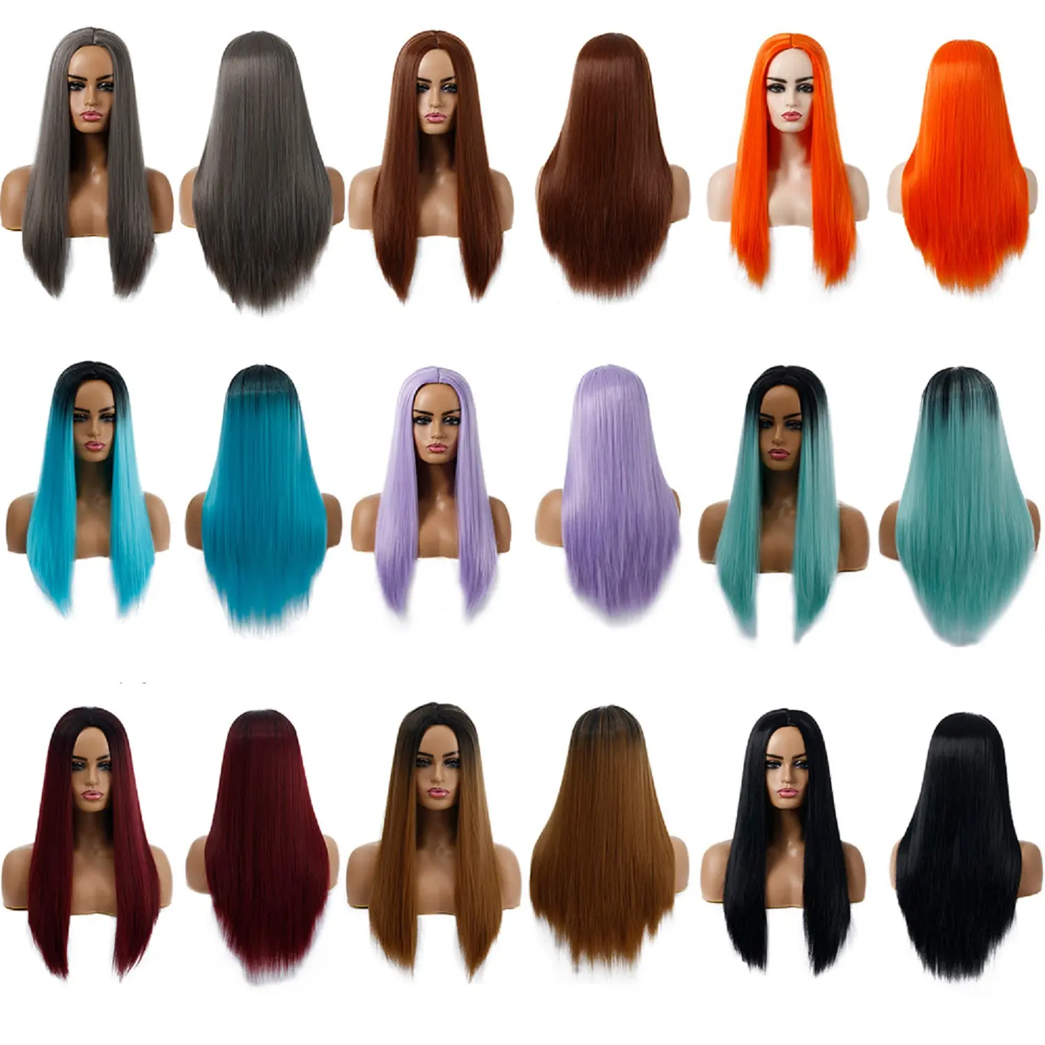 Long Straight Middle Part Wig For Women Black Orange Purple Hair Heat Resistant Synthetic Hair Wigs