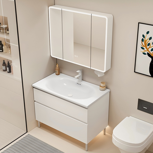 Meuble-lavabo de salle de bain moderne en bois massif et PVC, sur pied, avec vasque en céramique, miroir LED et <span class=keywords><strong>armoire</strong></span> à <span class=keywords><strong>pharmacie</strong></span> pour appartements - Product Image 2