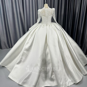 Lscm103 Elegant Satin Ball Gown <b>Wedding</b> Dress Lace Bodice Pearl Button Long Sleeve Puffy Shoulder Bridal Gown Jancember - Product Image 5