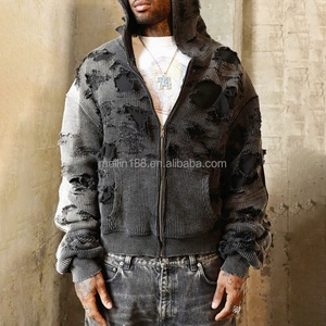 Manufacturers Clothing Custom Waffle Thermal Hoodie Distress Acid Wash Vintage <b>Zip</b> <b>up</b> <b>Jackets</b> Blank Waffle Hoodies for Men - Product Image 1