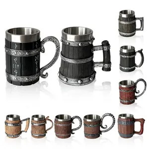 New Arrival Unique Oak Barrel Beer Tankard Stein Stainless Steel Coffee Beer Cup 300-600ML Handmade Horn Resin Viking Mug