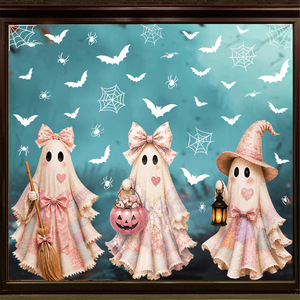 Venta al por Mayor de Adhesivos Decorativos para Ventanas de Halloween con Lindos Fantasmas Rosados, Telarañas y Murciélagos, Adhesivos Estáticos Reutilizables para Vidrio, Decoración de Halloween - Product Image 1
