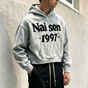 Men's <strong>Vintage</strong> Hoodie 1997 Splatter Print Cropped Oversized Gray Casual Streetwear Sweatshirt Tracksuits <strong>Clothes</strong> Men - Product Image 1
