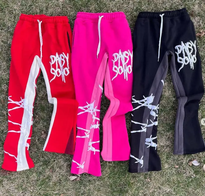 100% cotton 3D Puff Print french terry baggy stacked flare sweat pants men Custom Logo fleece joggers sweatpants
