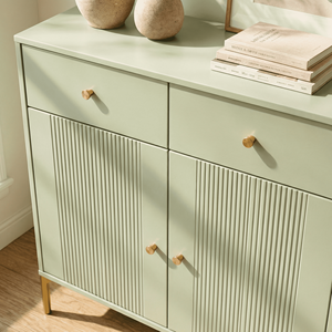Elegant Modern <strong>Green</strong> Bedroom &amp; Living Room Sideboard Textured Fluted Doors Gold Metal Handles 2 Drawers Stylish Storage <strong>Cabinet</strong> - Product Image 2