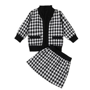 Conjuntos <span class=keywords><strong>de</strong></span> ropa <span class=keywords><strong>de</strong></span> primavera y otoño para niñas, Top liso <span class=keywords><strong>de</strong></span> manga larga + cárdigan estampado a cuadros, falda acampanada, venta al por mayor, <span class=keywords><strong>2022</strong></span> - Product Image 1
