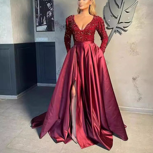 Evening Gown V Neck Long Sleeve <b>Sequined</b> Full Skirt With Slit Natural Waistline - Product Image 1