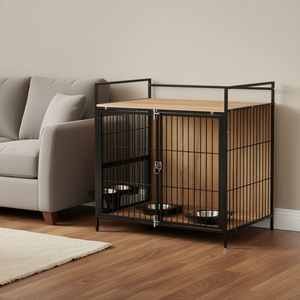 Meuble pour chien en chêne, 30 pouces, niche d'intérieur, table d'appoint pour chiens de taille moyenne, gamelles rotatives, portes anti-évasion - Product Image 2