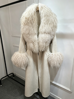 Manteau d'hiver de luxe Janveny pour femme, en laine double face, avec col et poignets en vraie fourrure de mouton de Mongolie, coupe oversize, mélange de laine, veste d'extérieur