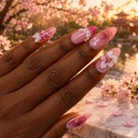 Kuku Palsu Romantis Motif Bunga Grosir Custom Almond Pink 3D Bunga Mutiara Kupu-kupu Mewah