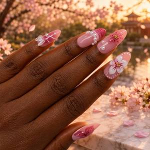 <span class=keywords><strong>Uñas</strong></span> Postizas Románticas Florales al por Mayor, <span class=keywords><strong>Uñas</strong></span> Postizas Personalizadas con Forma de Almendra, Color Rosa, Flores 3D, Perlas, Mariposas, Lujo - Product Image 2