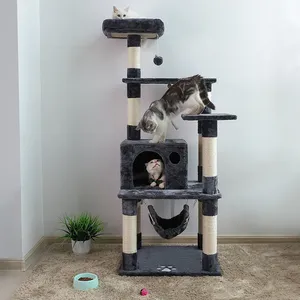 Rascador para gatos de fábrica, árbol para gatos de varios niveles de 143 cm de alto con <span class=keywords><strong>4</strong></span> postes para rascar, 2 plataformas, hamaca, cueva - Product Image 6