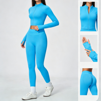 Ensemble de yoga 2 pièces pour femme : veste courte zippée à col montant en maille côtelée sans couture, très extensible, séchage rapide, respirante et leggings longs