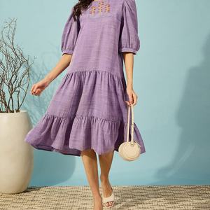 Vestido Midi de Verano Personalizable, Elegante, de Algodón y Lino, con Cuello Cuadrado, Estilo Casual, Línea A, con Volantes y Mangas Cortas para Mujer - Product Image 3