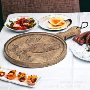 Wooden Pizza <b>Tray</b> With Rooster Carving Solid Wood Serving Plate Restaurant Cheese Board 40Cm Round - Product Image 1