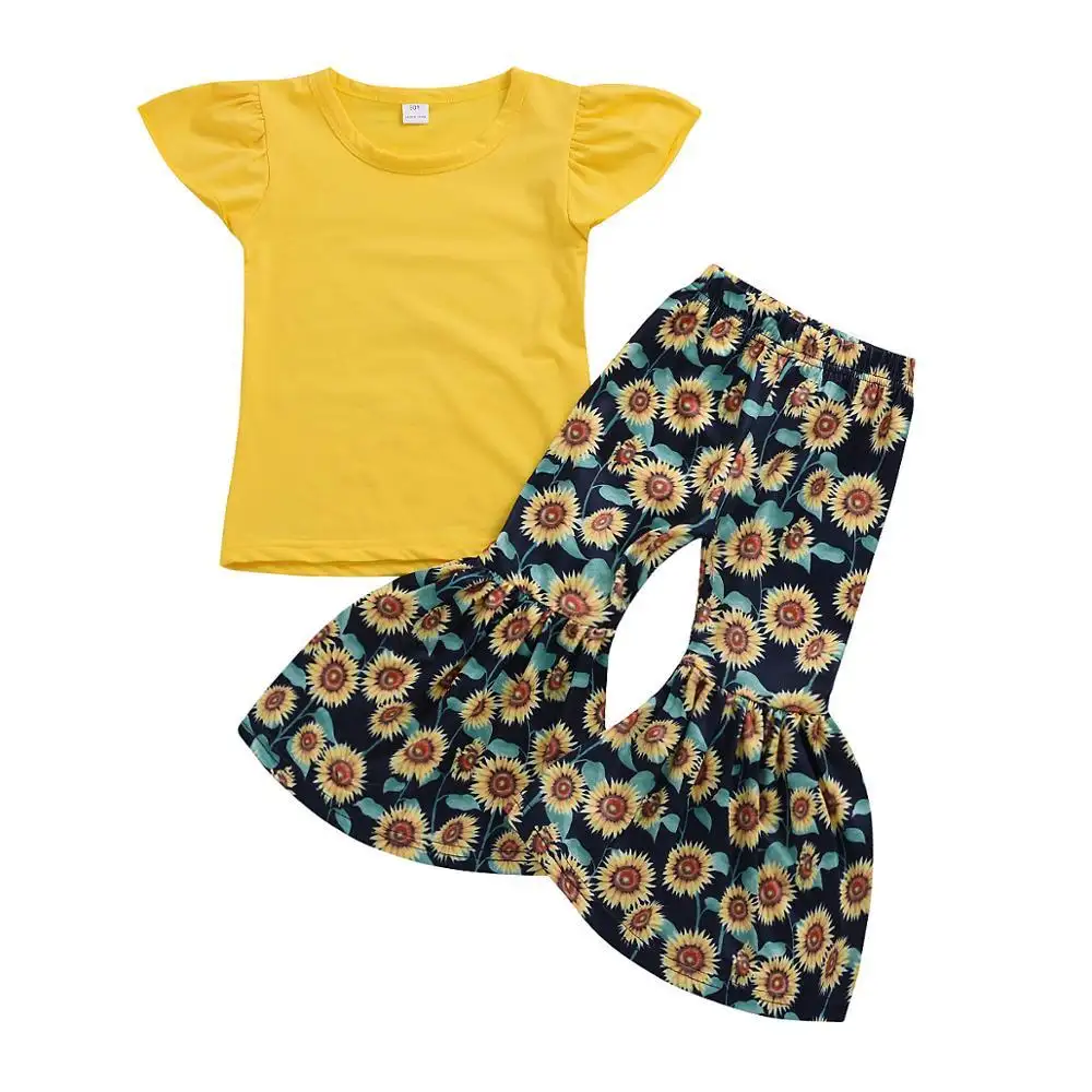 Комплект детской летней одежды <span class=keywords><strong>для</strong></span> девочек, желтая футболка с оборками, топ, расклешенные брюки с подсолнухом, комплект одежды из 2 предметов